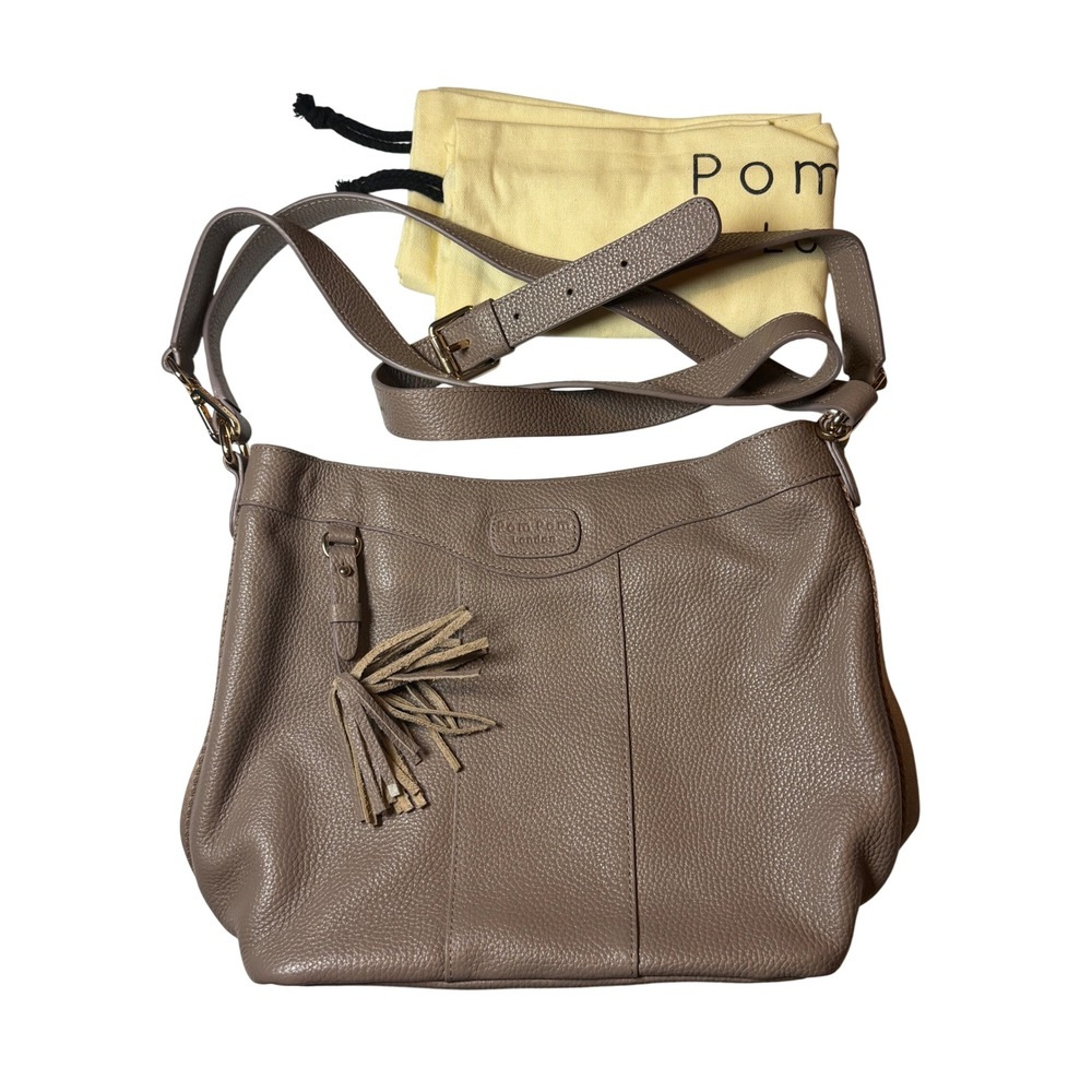 Pom Pom London Hampstead Leather Bucket Bag Mocha Taupe Tassel Crossbody OS